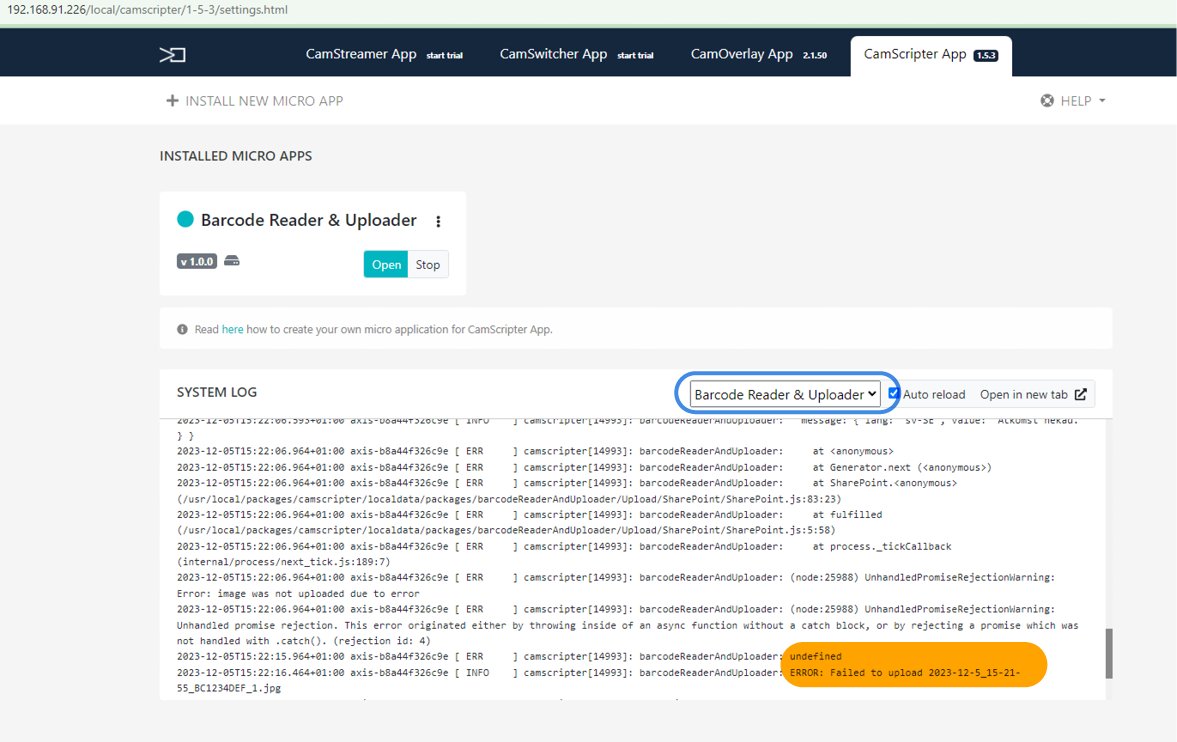VideoCheckPoint-integration-log-error.png